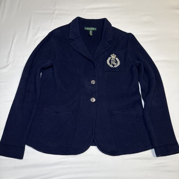 Lauren Ralph Lauren Womens M Navy Cardigan Crest 100% Cotton Knit Blazer Sweater - Picture 1 of 15